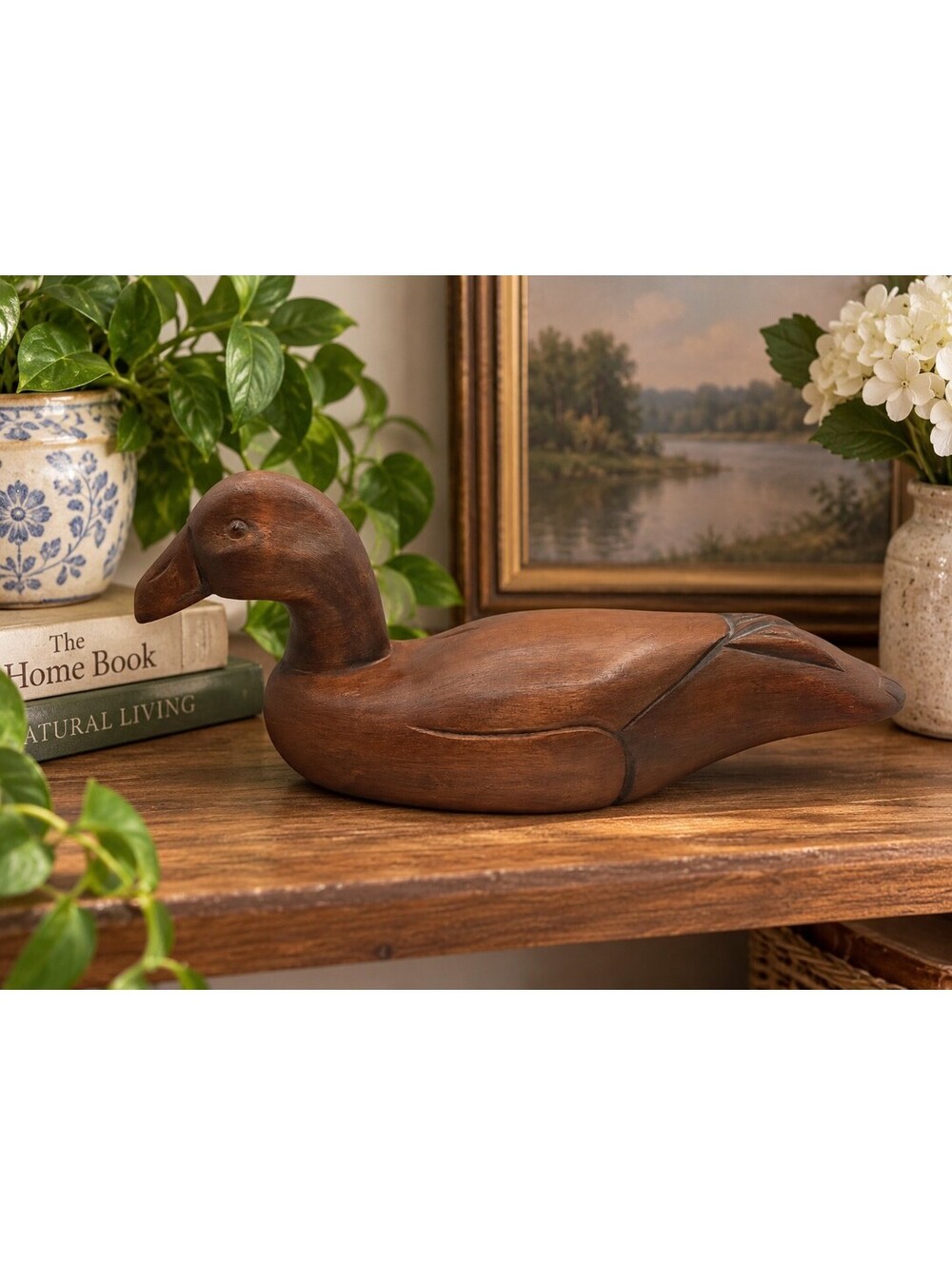 Vintage Hand Carved Wood Duck Figurine 13" Rustic Folk Art Bird Decor